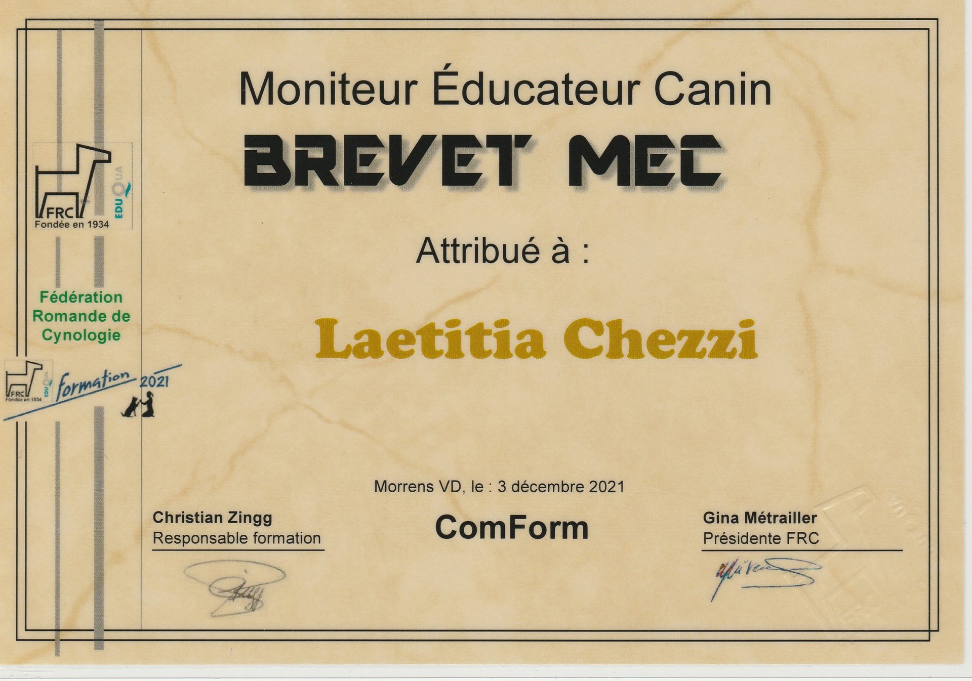 Brevet Moniteur Éducateur Canin MEC — Laetitia Chezzi